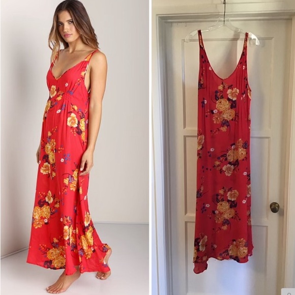 Intimately, free people maxi slip dress red floral print size M - Picture 1 of 7